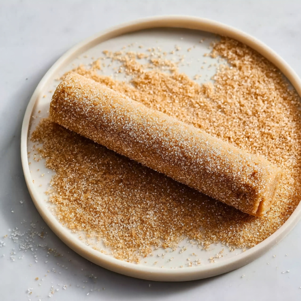 Brown Sugar Shortbread Cookies 11 A log of shortbread cookie dough coated with a generous amount of coarse sugar, resting on a plate surrounded by sugar crumbs, ready to be sliced.