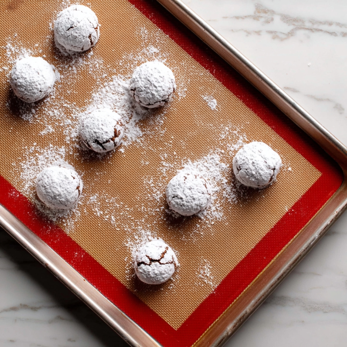 Nutella crinkle cookies rolled in powdered sugar placed on a baking tray, ready to be baked.