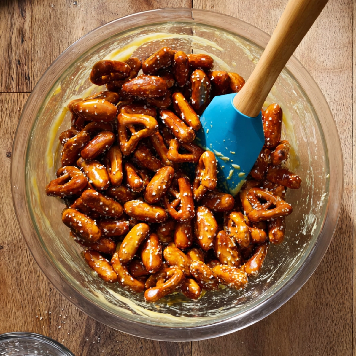 Honey Mustard Pretzel Pieces 11 Pretzel pieces being mixed in a glass bowl with honey mustard sauce using a blue silicone spatula