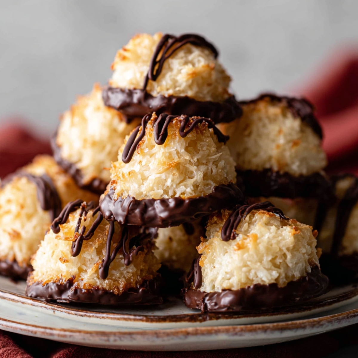 Coconut macaroons arranged on a plate, with dark chocolate coating and a drizzle of melted chocolate.