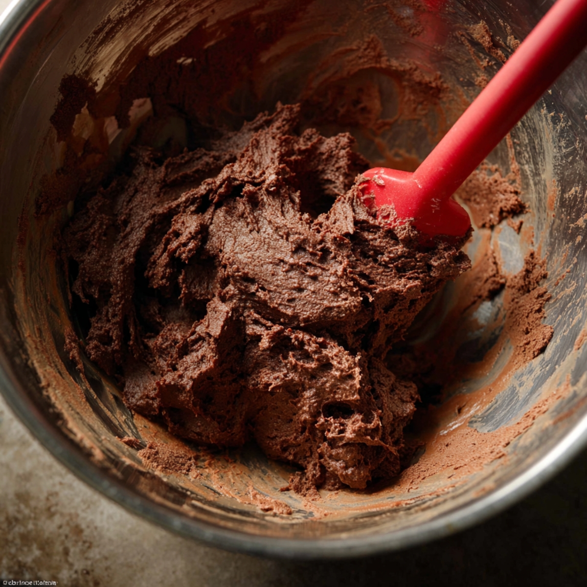 Best Double Chocolate Chip Cookies | Soft & Chewy 10 Thick double chocolate cookie dough being mixed in a metal bowl with a red spatula