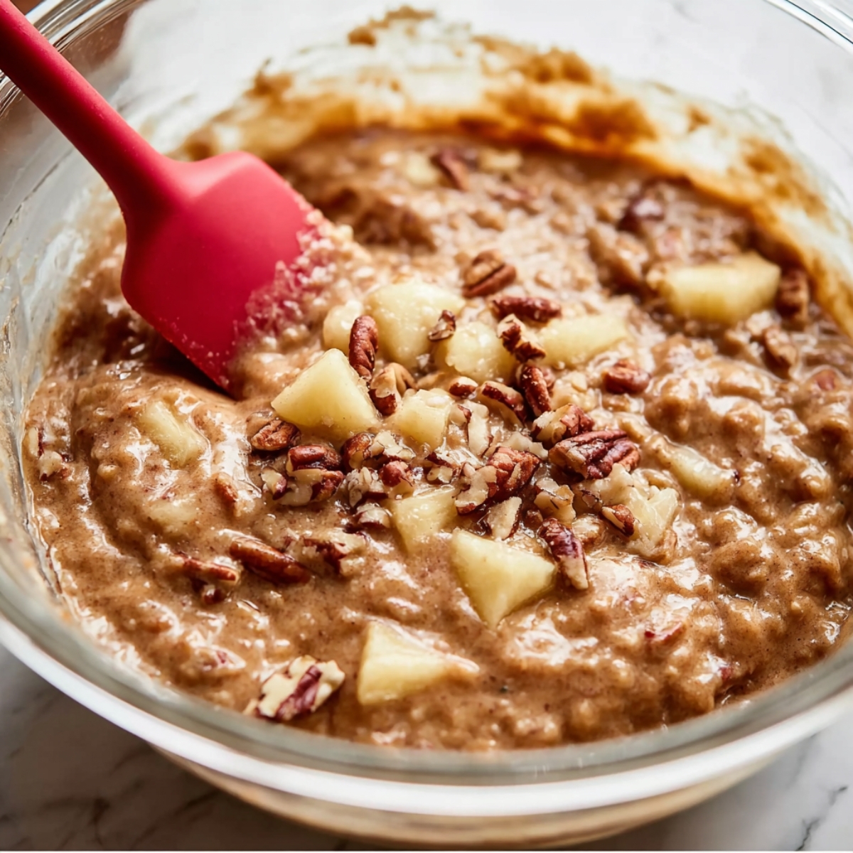 Hummingbird Bundt Cake Recipe | Moist & Easy 10 Hummingbird cake batter with pineapple and chopped pecans being mixed in a glass bowl
