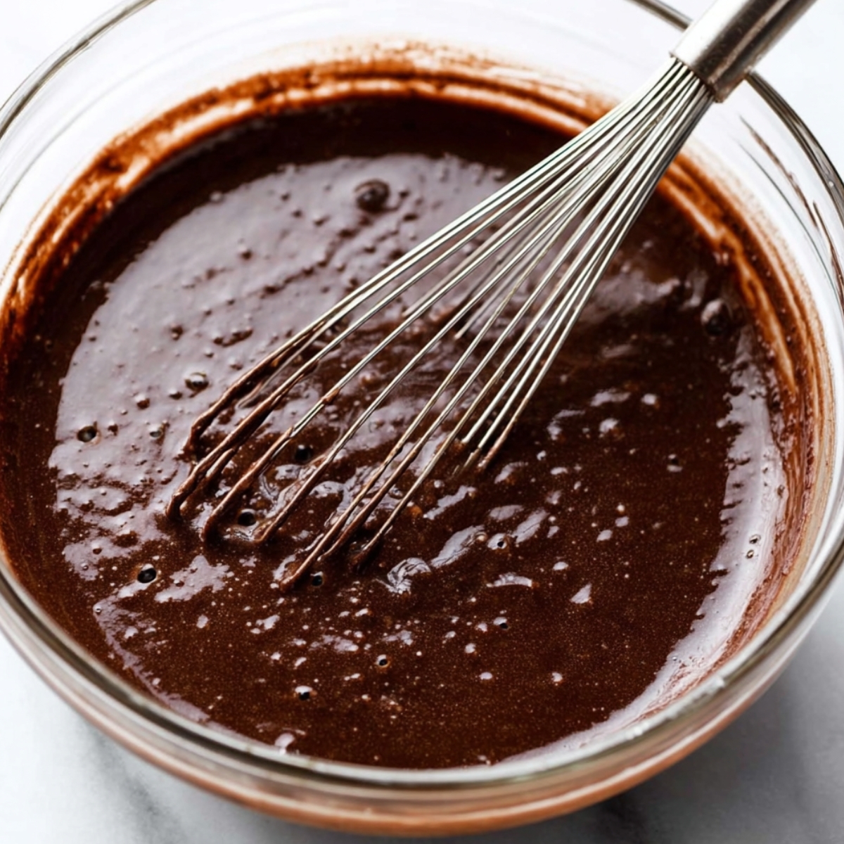 Smooth chocolate cupcake batter in a glass mixing bowl with a whisk.