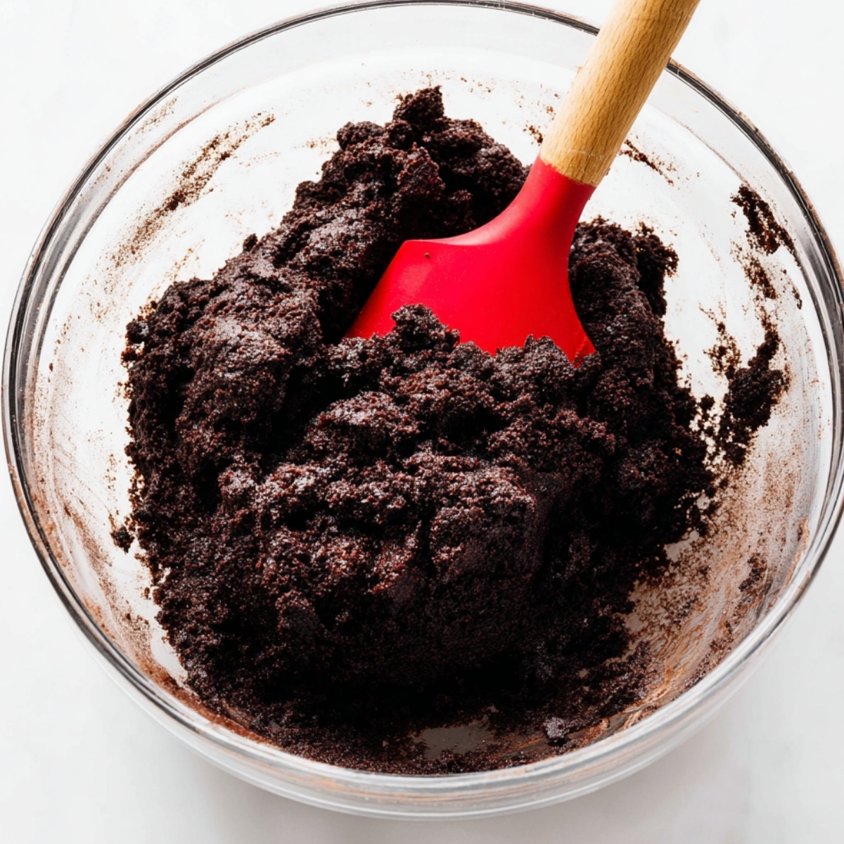 Homemade Oreos Recipe | Easy Copycat Cookies in 35 Min 10 Mixing dark chocolate cookie dough in a glass bowl with a red spatula, thick and rich chocolate dough