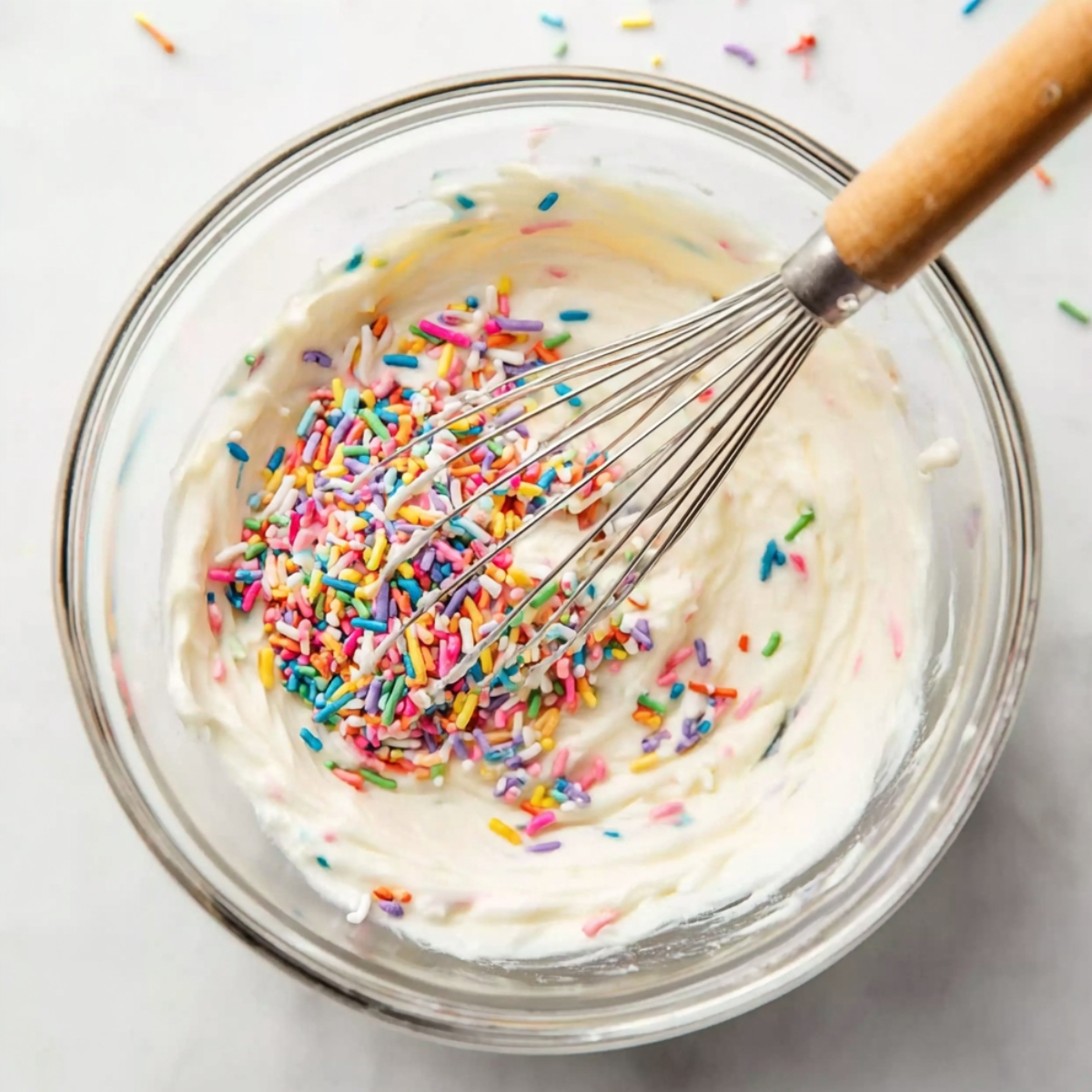 Perfect One Layer Sprinkle Cake Recipe 10 A bowl of creamy frosting with colorful sprinkles being mixed in with a whisk.