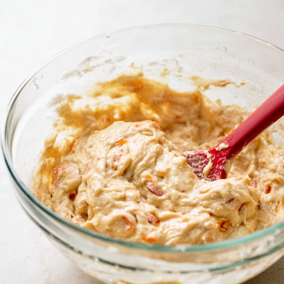 Easy Peach Streusel Muffins 11 Peach muffin batter being mixed in a glass bowl with a red spatula