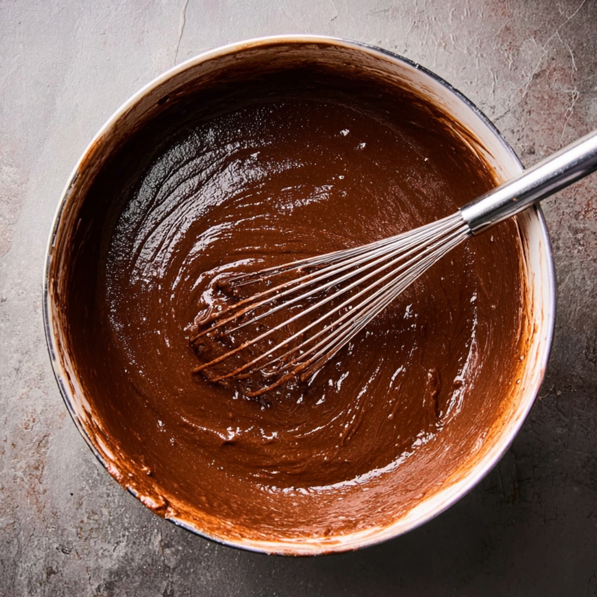 Moist Chocolate Mayonnaise Cake 10 A close-up of chocolate cake batter being whisked in a bowl with a whisk.