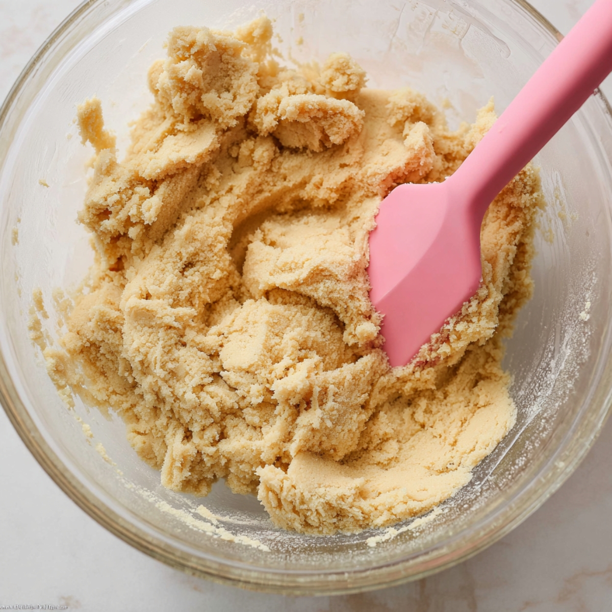 Spumoni Cookies (Cherry, Pistachio, Chocolate) 10 Plain sugar cookie dough being mixed in a glass bowl with a pink spatula.