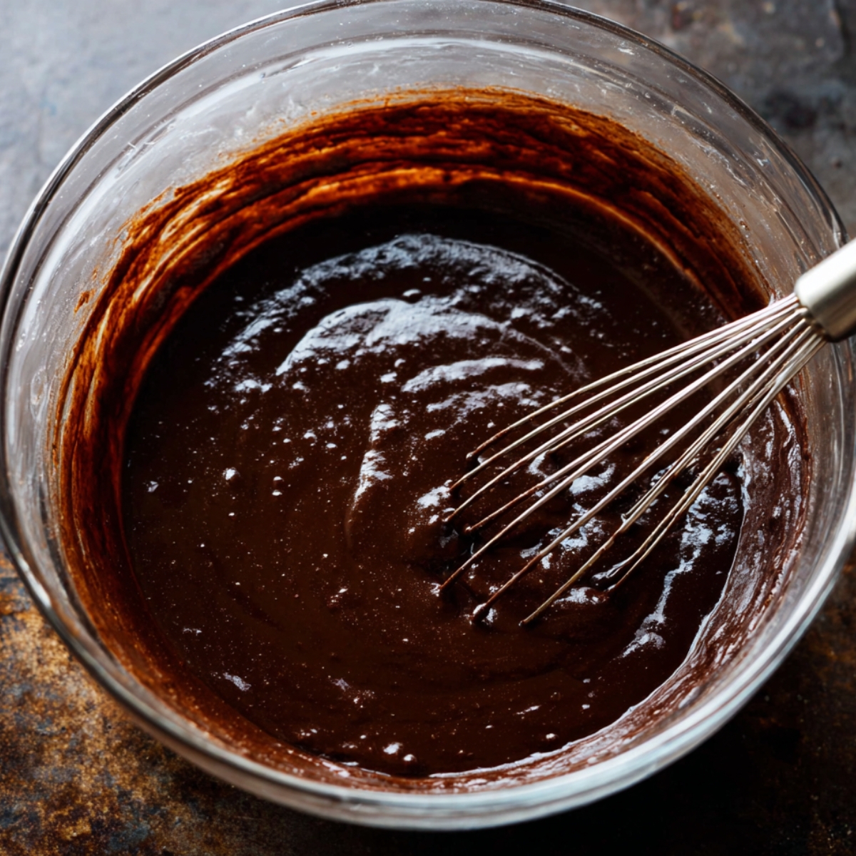 Dark Chocolate Mousse Cake Recipe 10 A glass bowl filled with rich, thick chocolate cake batter, being whisked gently by hand, showing bubbles on the surface.