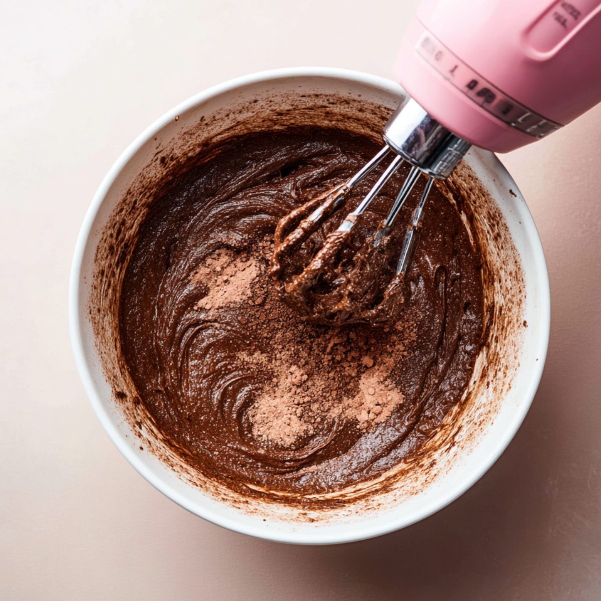 Chocolate cake batter in a mixing bowl with a pink hand mixer.