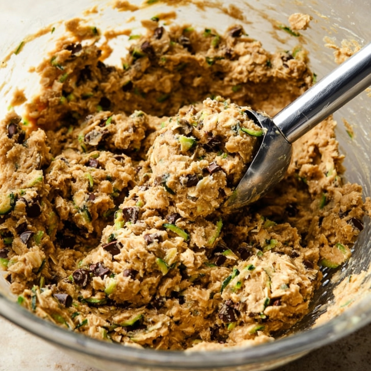 Bowl of zucchini oatmeal chocolate chip cookie dough with a scoop inside.