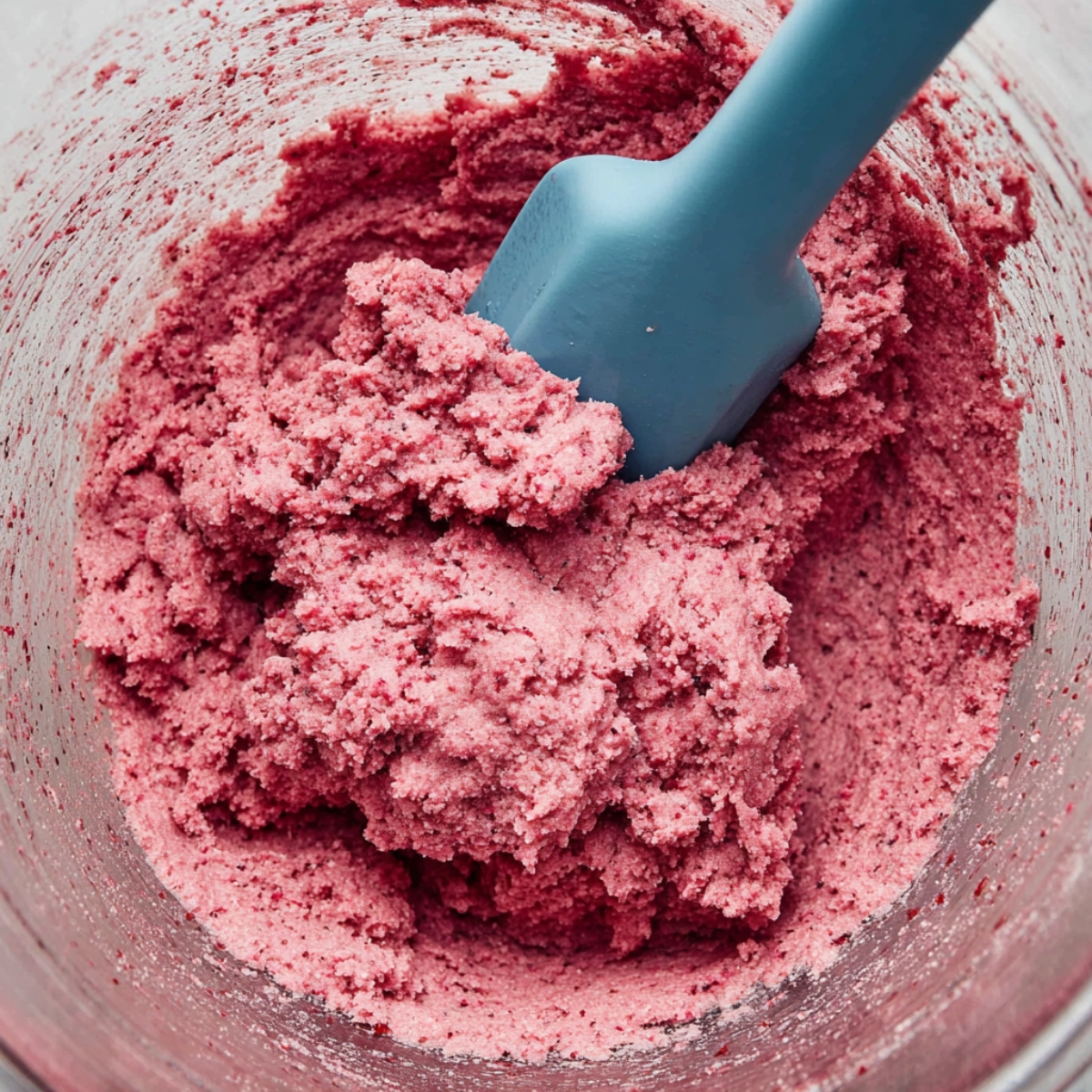 Raspberry Sugar Cookies Recipe | Soft & Fruity Treats 11 A glass bowl filled with raspberry cookie dough, with a blue spatula mixing the dough that is a rich pink color, speckled with small bits of raspberry.