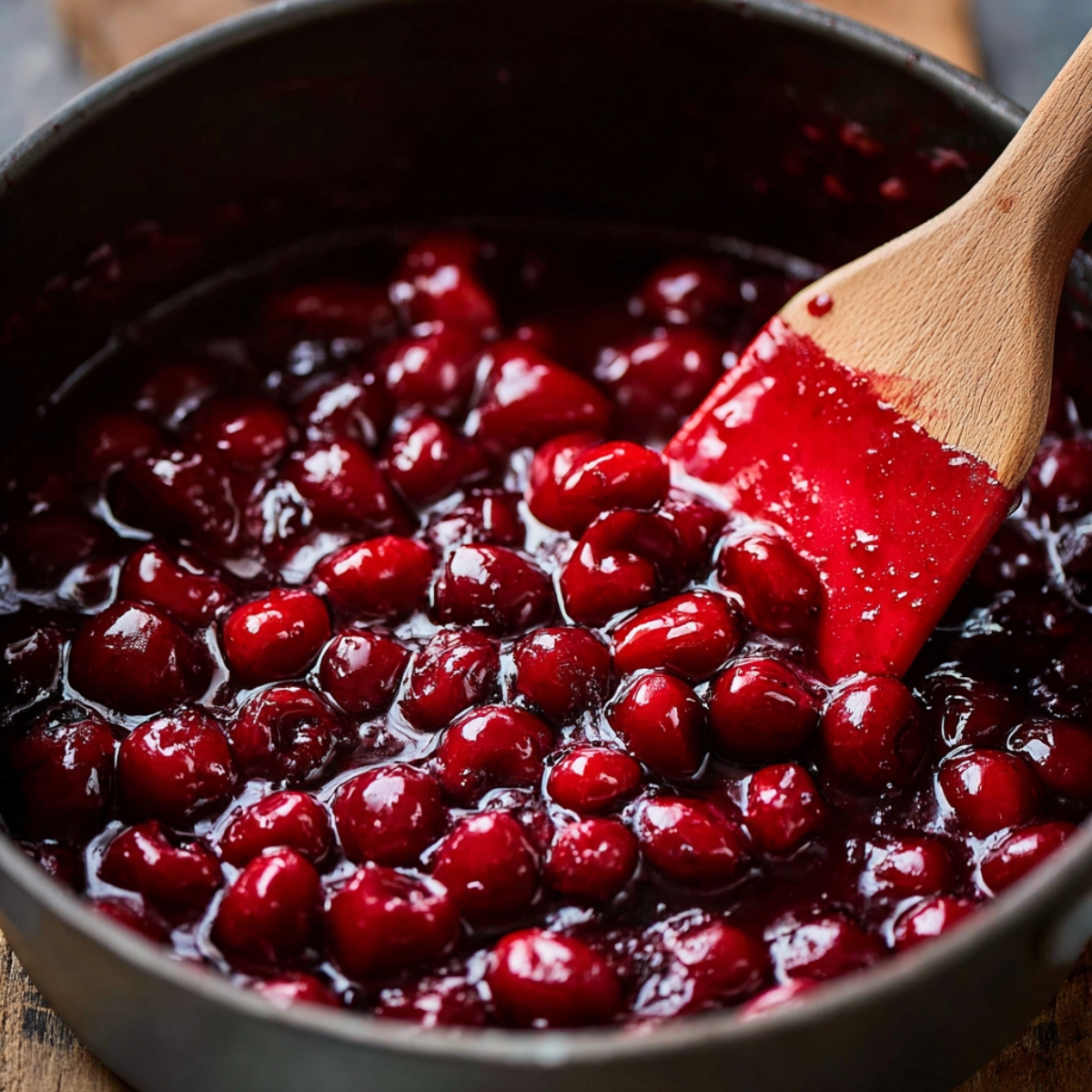 Cherry Pie Bars Recipe | Easy Homemade Dessert Bars 10 Fresh cherries cooking in a saucepan, simmering in a thick syrup that coats the fruit. A spatula is stirring the mixture to ensure the cherries and syrup combine evenly.