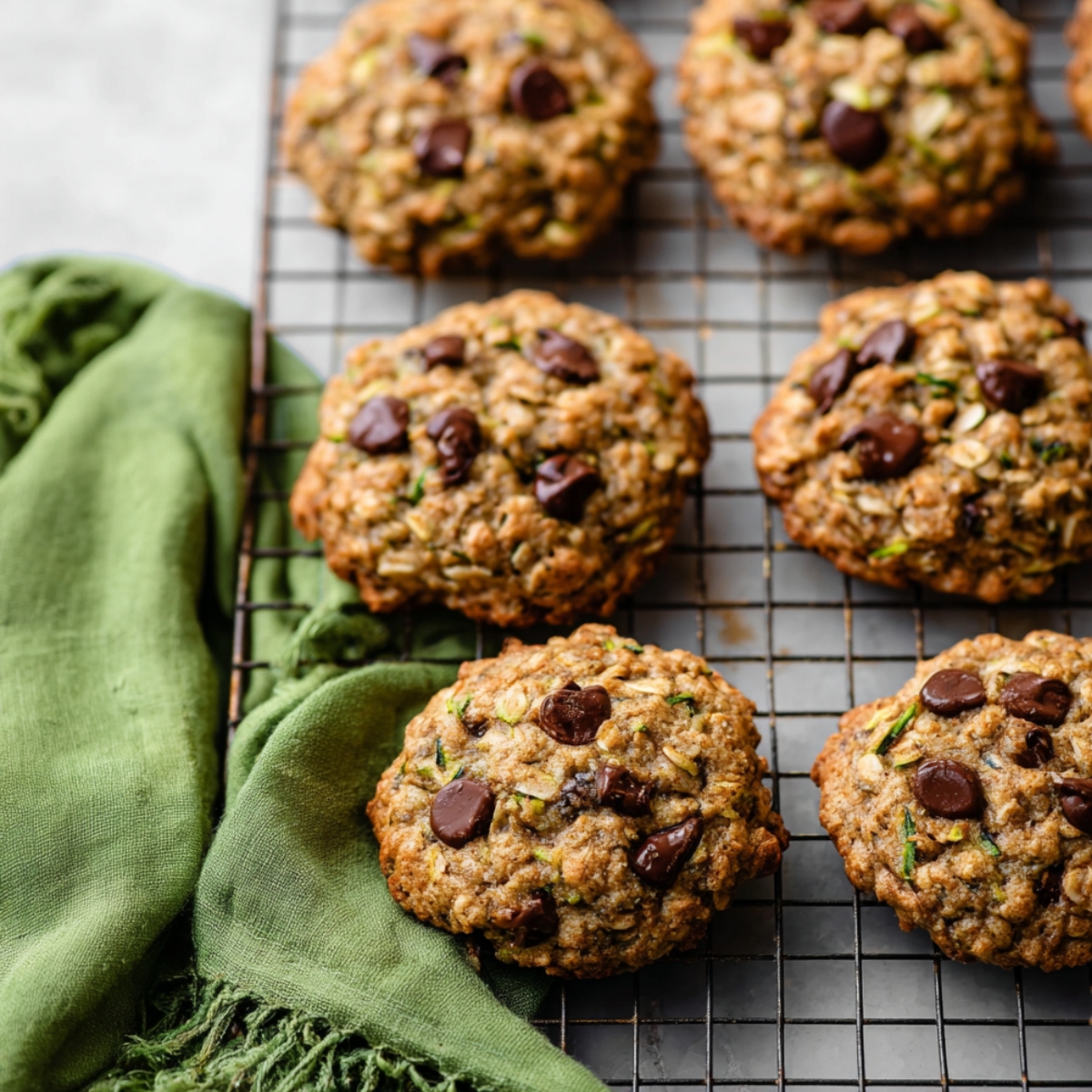 Freshly baked zucchini oatmeal chocolate chip cookies cooling on a wire rack.