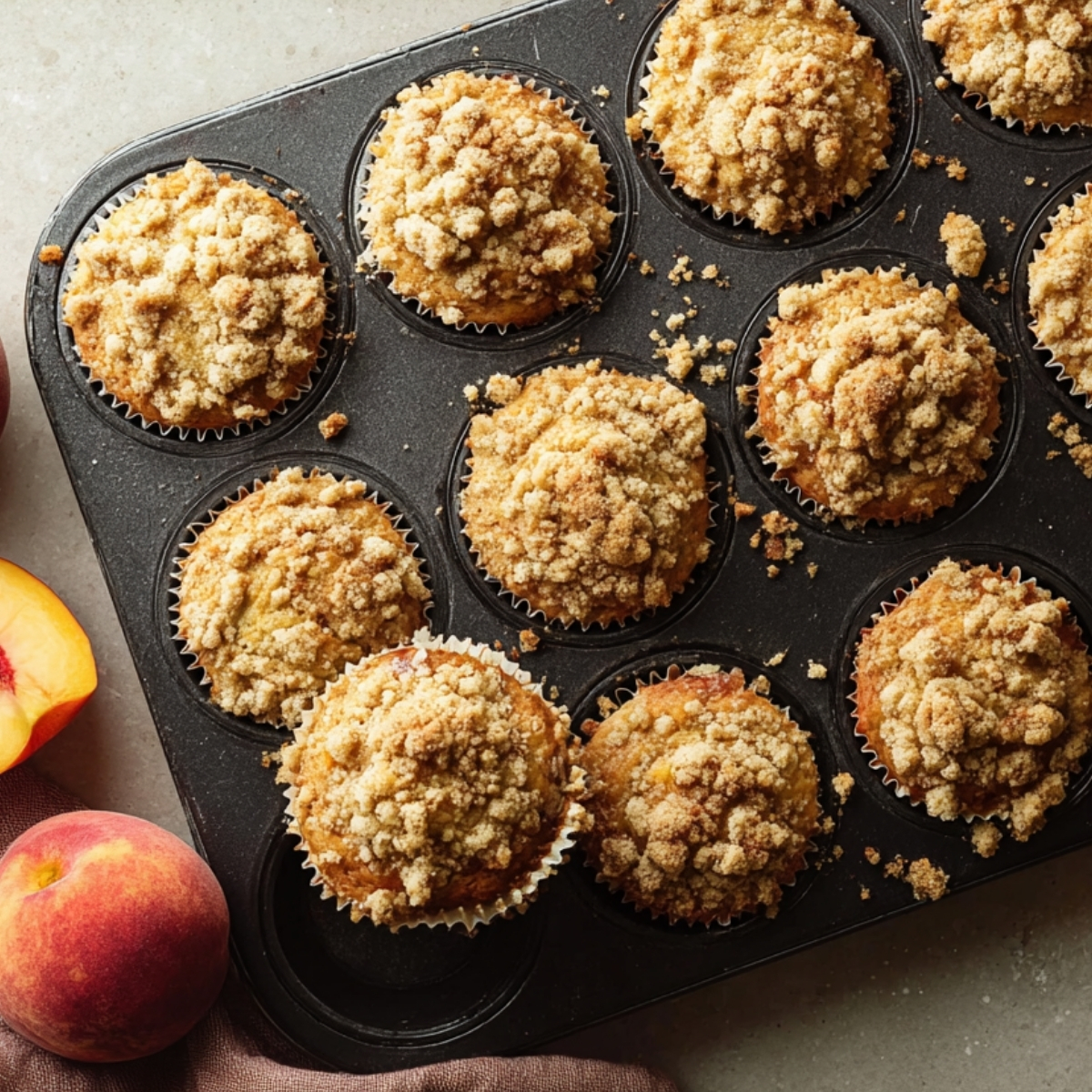 Easy Peach Streusel Muffins 12 Unbaked peach streusel muffins in a muffin tin topped with crumb topping