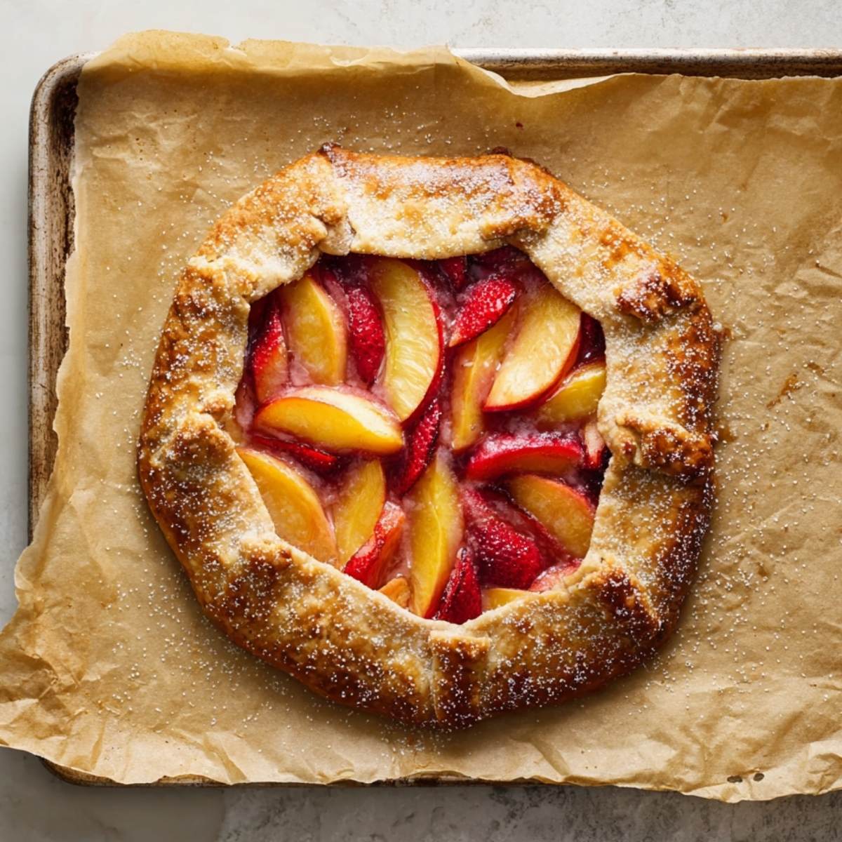 Easy Strawberry Peach Galette Recipe 12 Freshly baked strawberry peach galette cooling on parchment-lined baking sheet