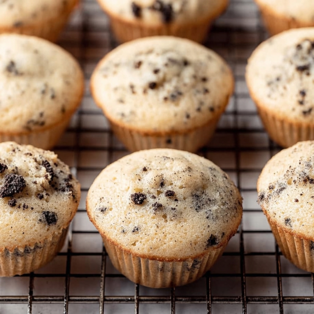 Delicious Cookies and Cream Cupcakes 12 Freshly baked cookies and cream cupcakes cooling on a wire rack, with visible Oreo chunks scattered on top.