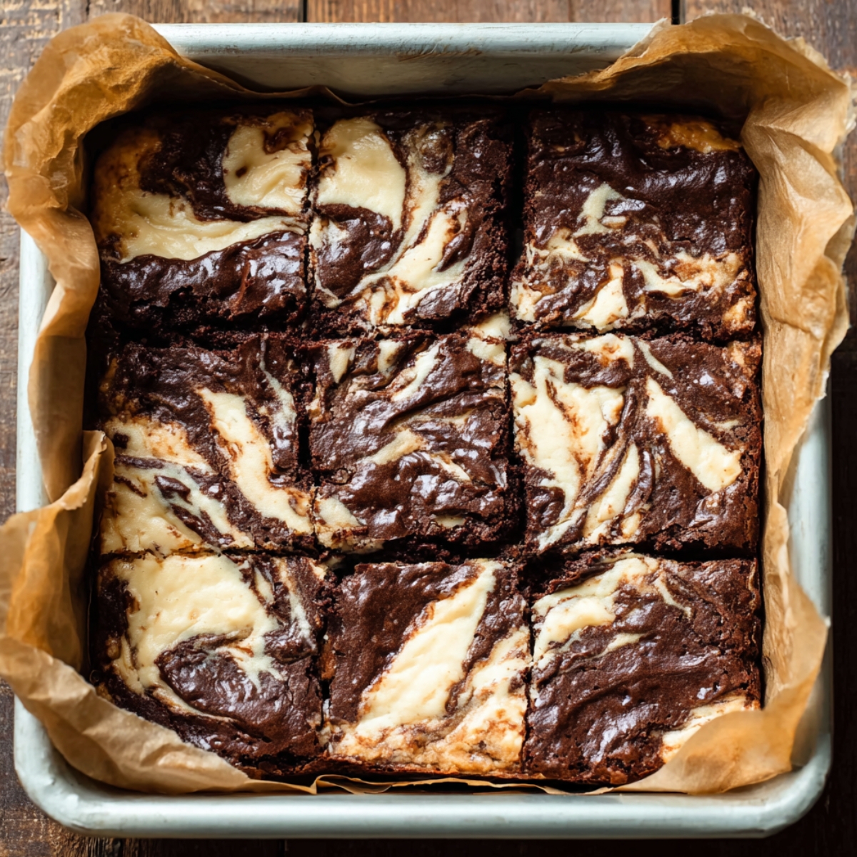 Coconut Cheesecake Brownies Recipe | Fudgy & Creamy 13 Freshly baked chocolate cheesecake swirl brownies cut into even squares inside a parchment-lined square baking pan, showing marbled patterns of dark chocolate brownie and creamy vanilla cheesecake on top