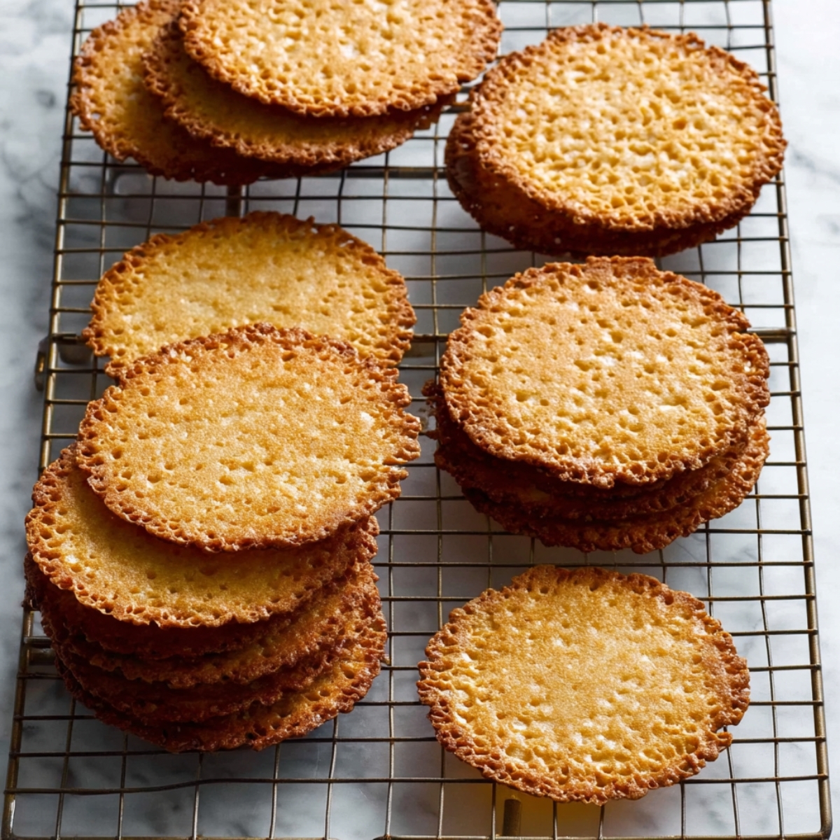 Easy Lace Cookies Recipe | 6 Ingredients, 30 Minutes 11 Freshly baked lace cookies cooling on a wire rack.