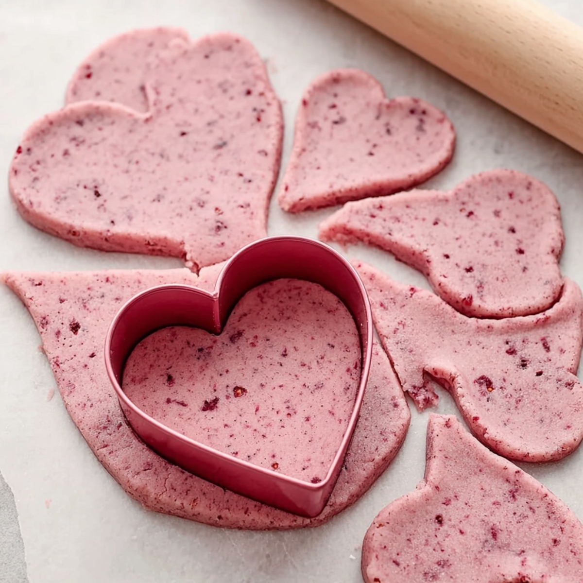 Raspberry Sugar Cookies Recipe | Soft & Fruity Treats 12 Raspberry cookie dough is rolled out on a surface with a heart-shaped cookie cutter being used to cut the dough into heart shapes.
