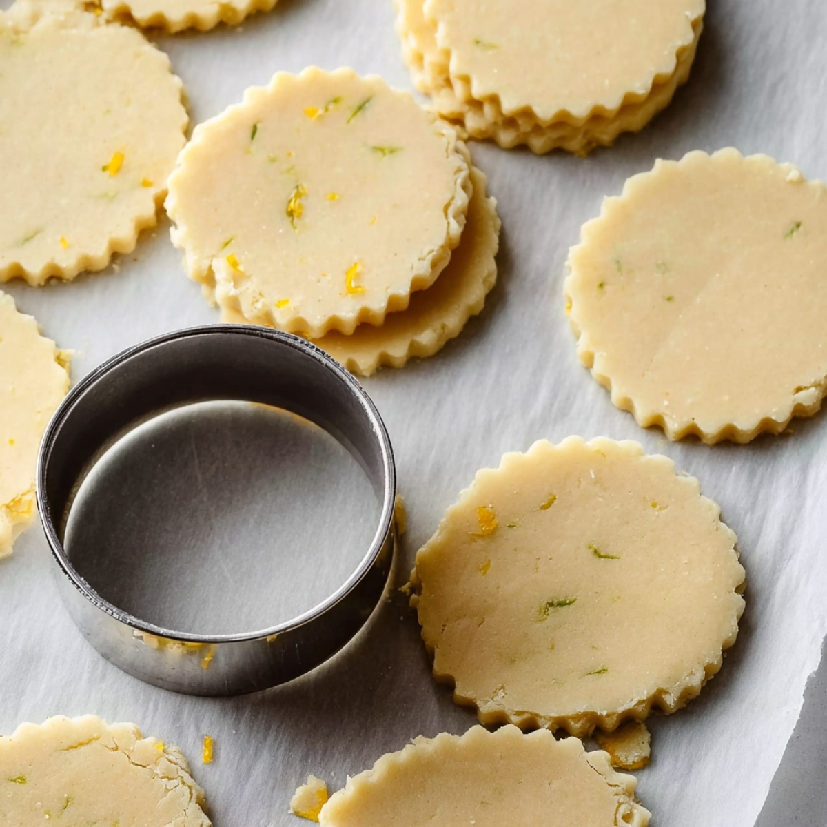 Easy Lemon Shortbread Cookies Recipe 13 Lemon shortbread dough cut into round, scalloped-edge cookies, with a metal cookie cutter in the center, ready to be baked.