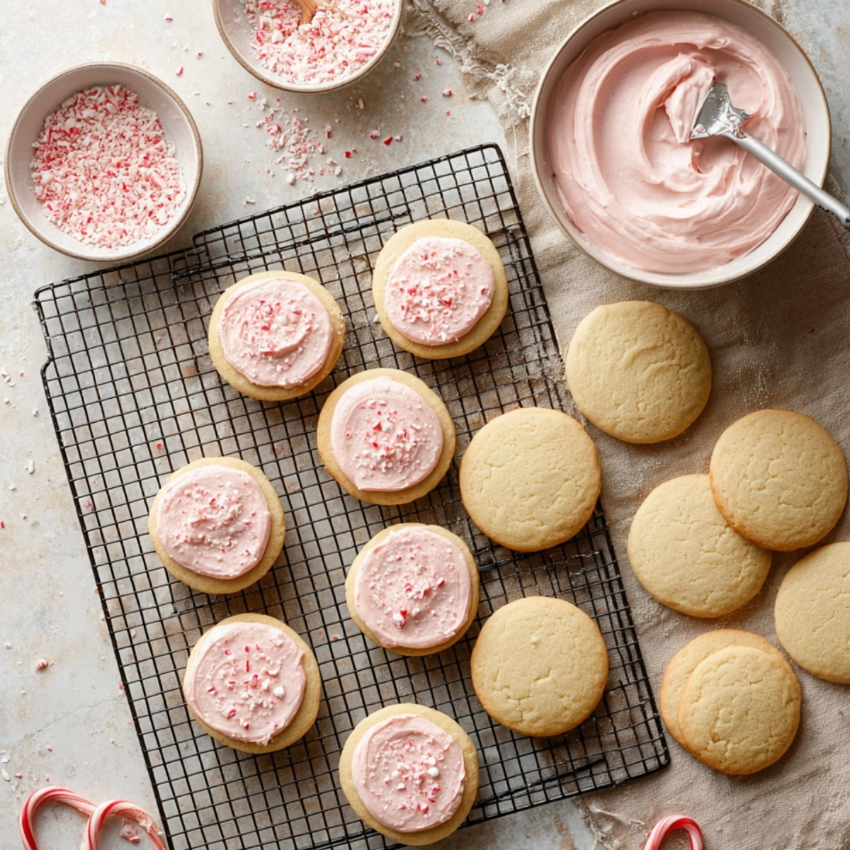 Soft Peppermint Meltaway Cookies 12 Peppermint meltaway cookies being decorated with pink frosting and crushed candy canes on a cooling rack