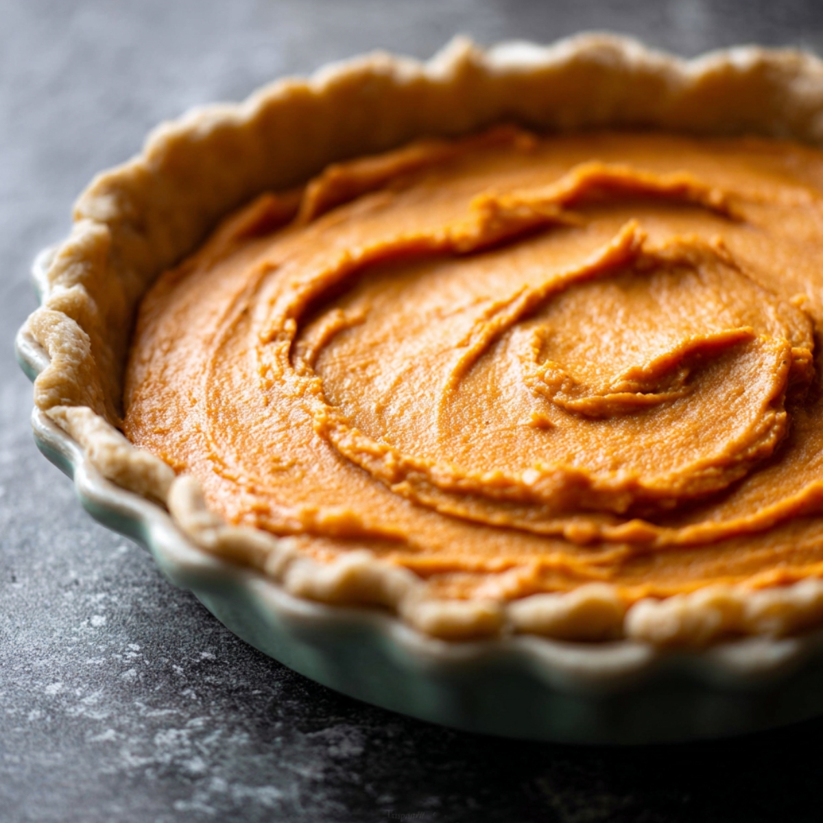 Brown Sugar Sweet Potato Pie 11 Sweet potato pie filling spread smoothly into an unbaked pie crust, ready to bake, with a creamy orange surface and fluted crust edges.