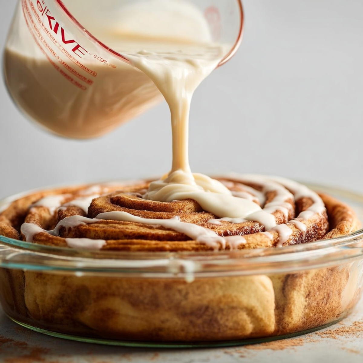 Easy Giant Cinnamon Roll Cake Recipe 12 Creamy vanilla icing being poured from a glass measuring cup over a giant cinnamon roll cake in a glass baking dish.