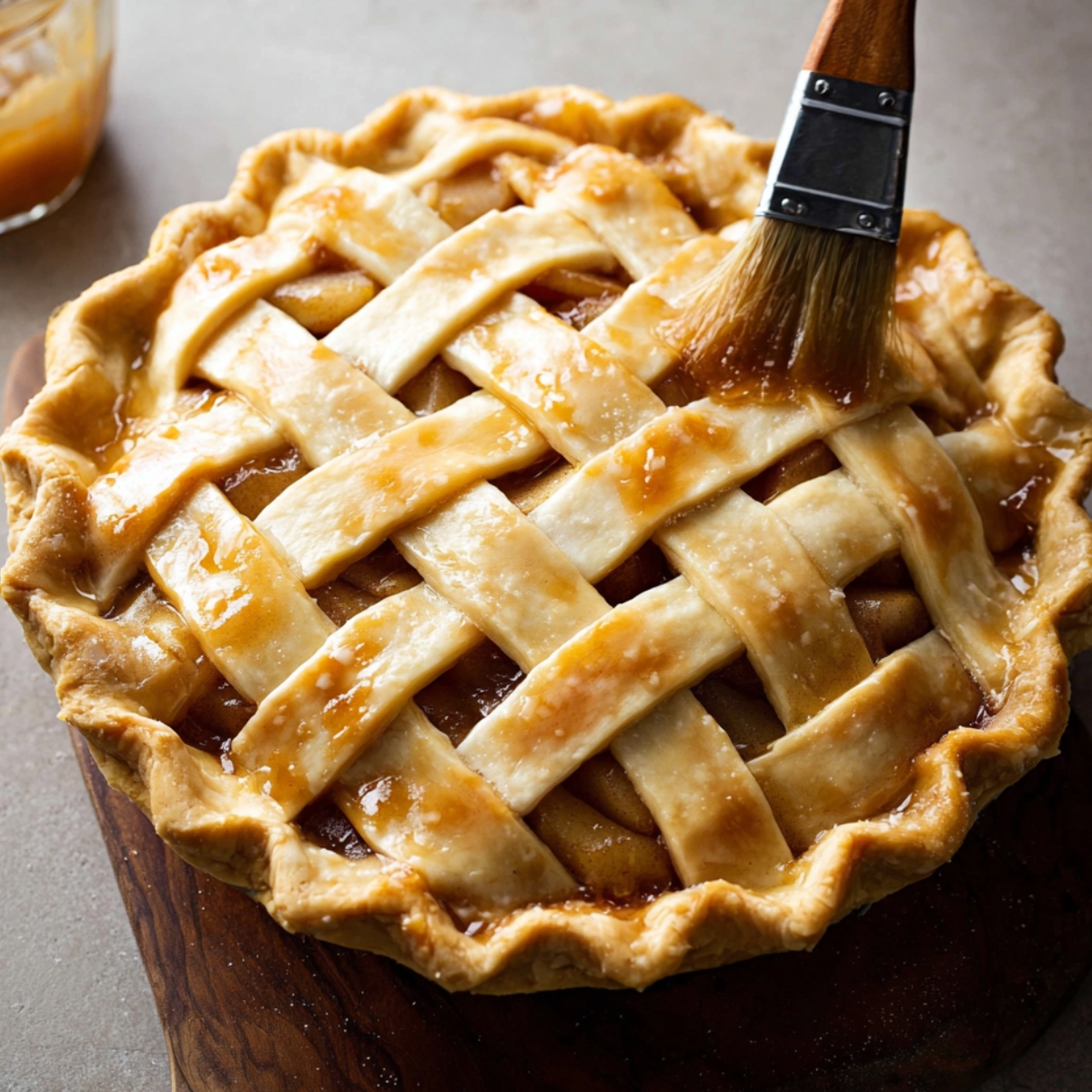 Homemade Caramel Pear Pie 11 Brushing a golden, flaky lattice crust with an egg wash before baking, adding a shiny finish to the caramel pear pie.