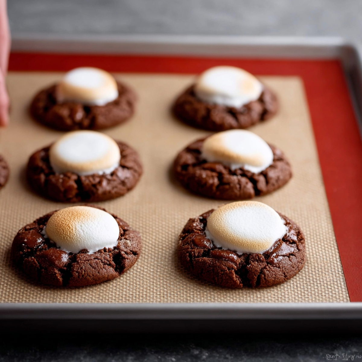 Easy Marshmallow Hot Cocoa Cookies 12 A batch of freshly baked chocolate cookies topped with a roasted marshmallow on a baking sheet lined with silicone.