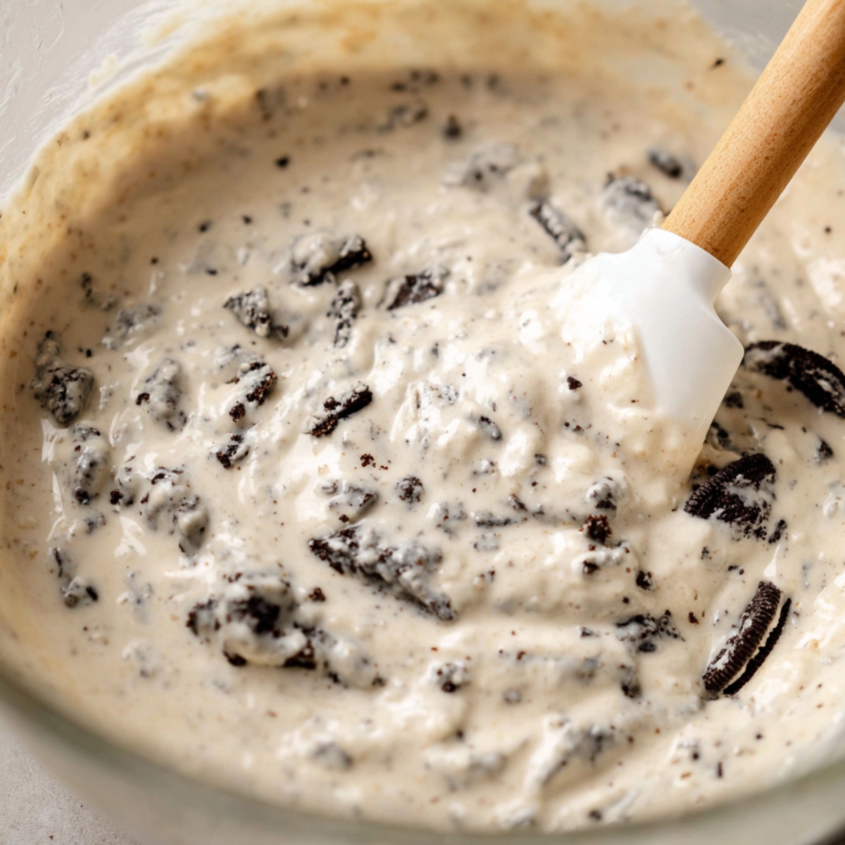 Delicious Cookies and Cream Cupcakes 10 Close-up shot of cupcake batter mixed with crushed Oreo cookies, being stirred with a white spatula in a glass bowl.