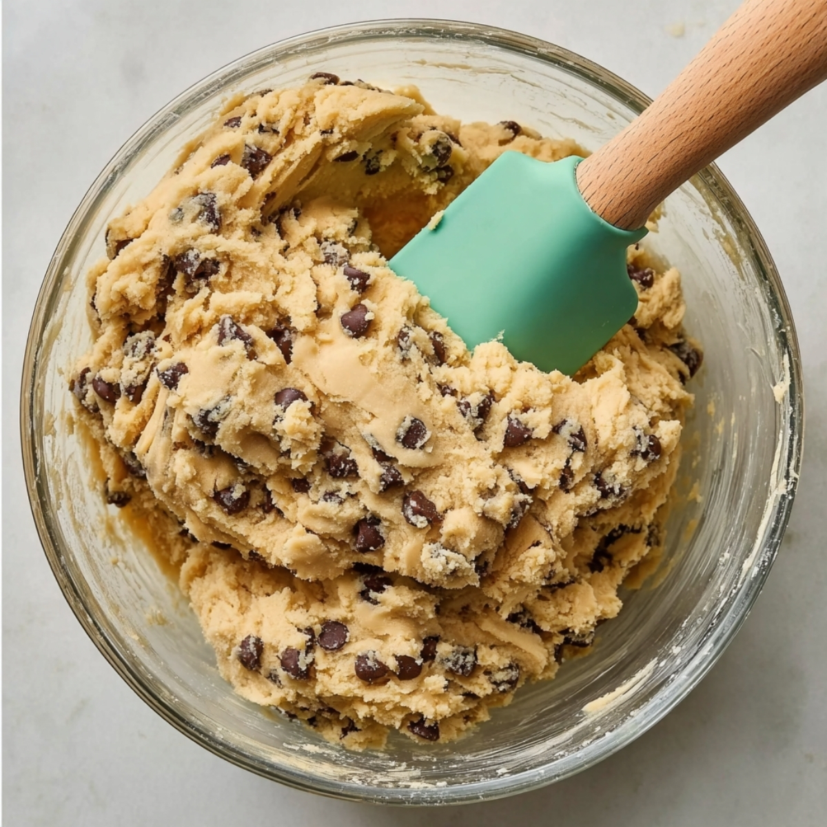 Chocolate Chip Cookie Cake Recipe | Easy & Chewy 10 Chocolate chip cookie dough being mixed in a glass bowl with a green spatula, thick and creamy cookie dough with visible chocolate chips