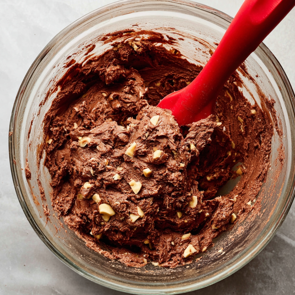A shot of Nutella cookie dough with chopped hazelnuts mixed in, ready to be baked into crinkle cookies.