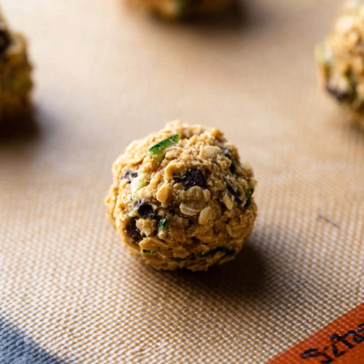 Close-up of a ball of zucchini oatmeal chocolate chip cookie dough on a baking mat.