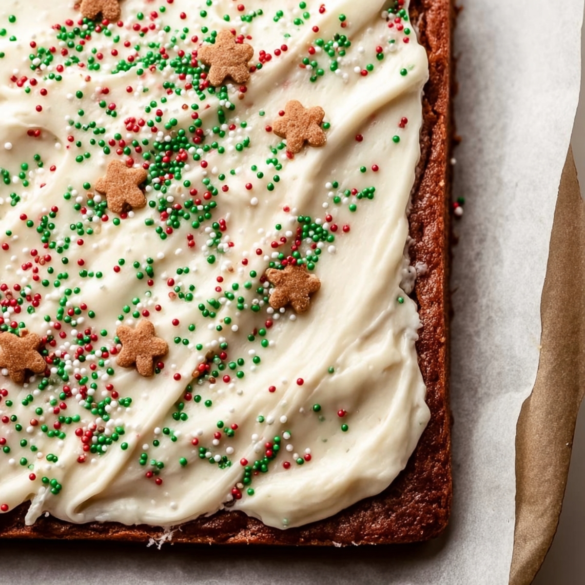 Homemade Gingerbread Cookie Bars 12 A close-up of gingerbread cookie bars topped with frosting, festive red, green, and white sprinkles, and gingerbread-shaped confetti.