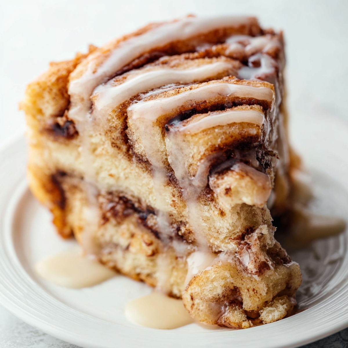 Easy Giant Cinnamon Roll Cake Recipe 9 Slice of Giant Cinnamon Roll Cake with cinnamon swirls and vanilla icing dripping down the sides on a white plate.