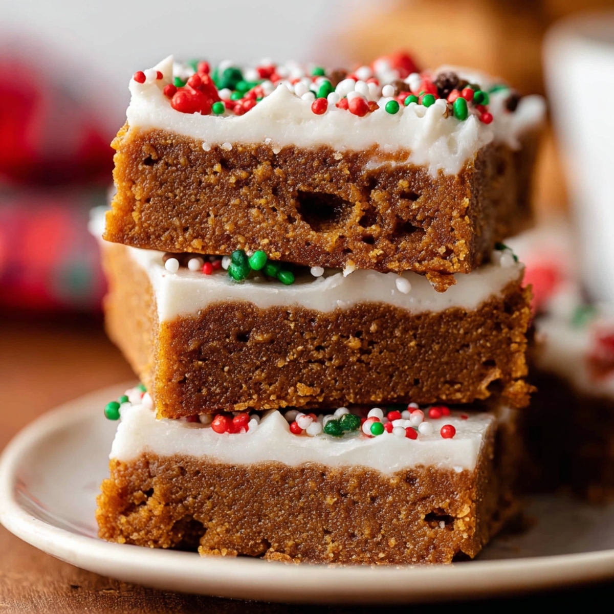 Homemade Gingerbread Cookie Bars 13 A stack of Gingerbread Cookie Bars with a thick layer of white frosting, decorated with colorful sprinkles on top.