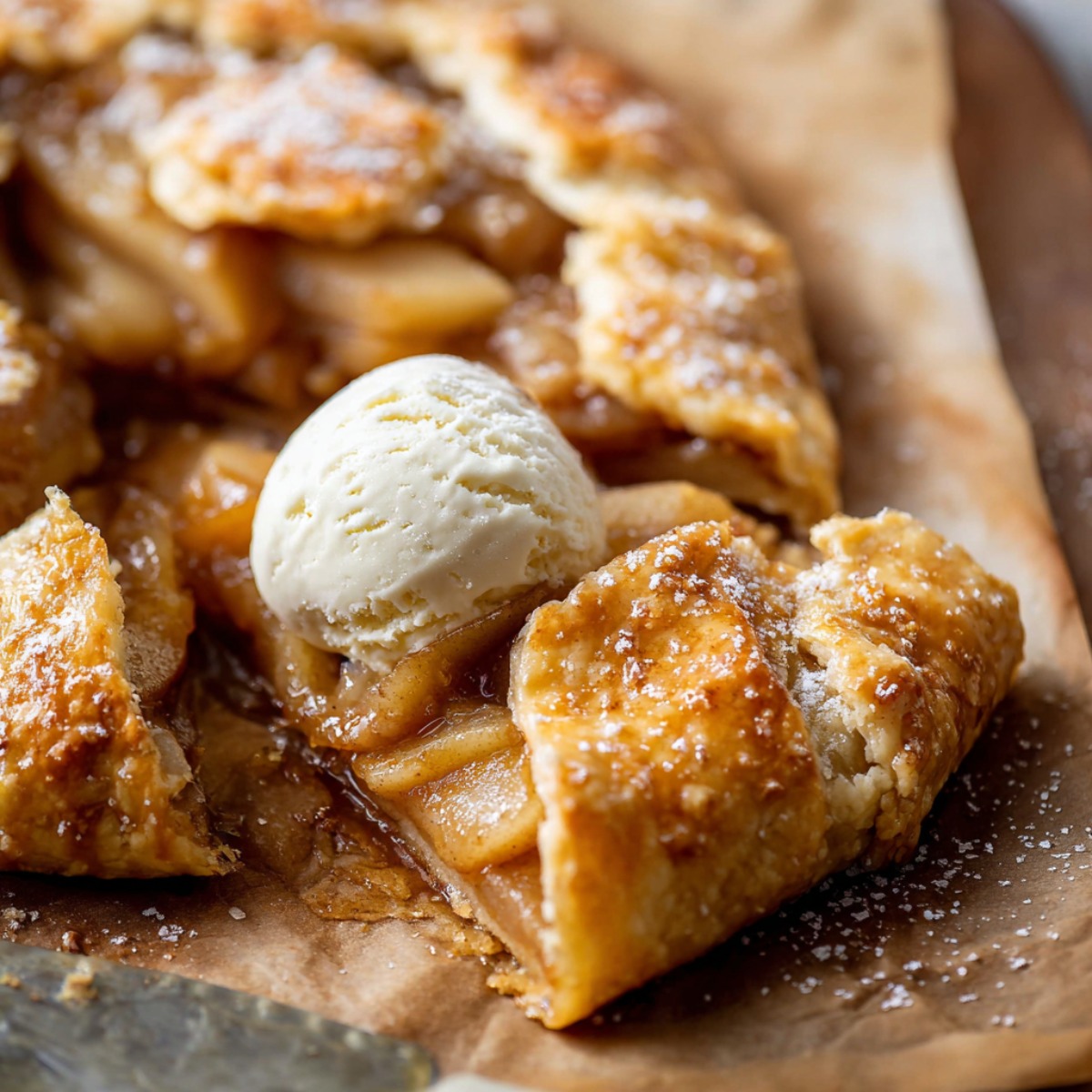 Homemade Ginger Pear Galette with a golden, flaky crust, topped with ice cream.