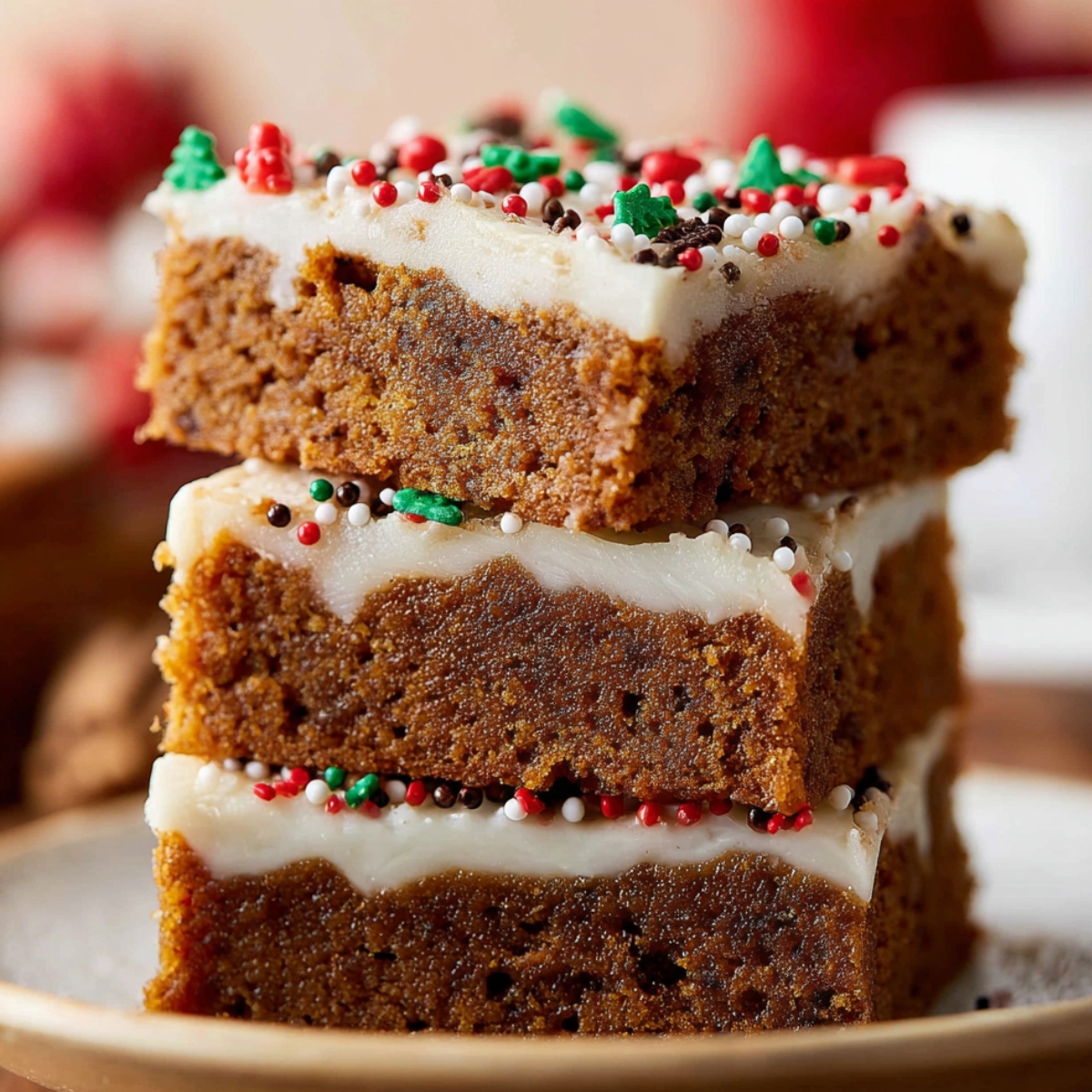 Homemade Gingerbread Cookie Bars 9 Homemade Gingerbread Cookie Bars with a thick layer of white frosting, decorated with colorful sprinkles on top.