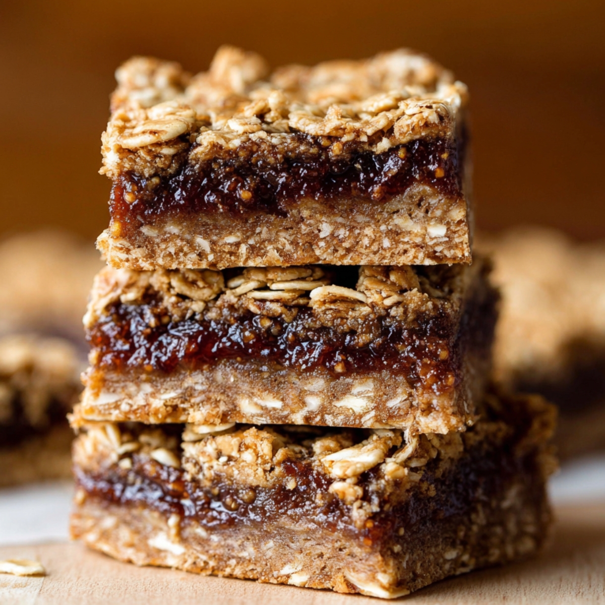 Three homemade oatmeal fig bars stacked neatly. The bars have a golden-brown oat crust with a rich fig filling visible in the middle, showcasing the perfect texture and layers of oats and fig.