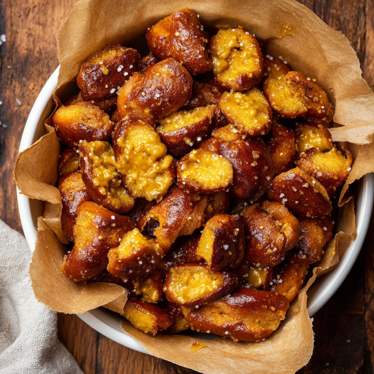 Honey Mustard Pretzel Pieces 9 Bowl of Honey Mustard Pretzel Pieces sprinkled with coarse salt and lined with parchment paper