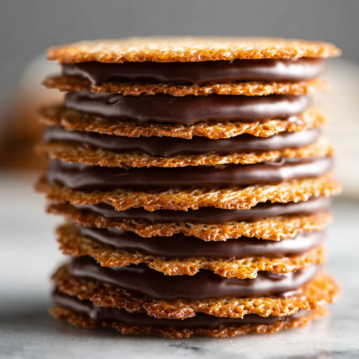 Easy Lace Cookies Recipe | 6 Ingredients, 30 Minutes 9 Close-up of stacked lace cookies filled with smooth chocolate.