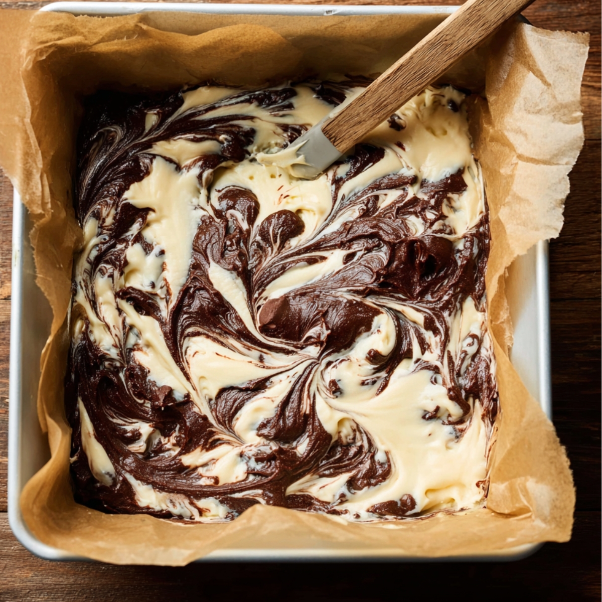 Coconut Cheesecake Brownies Recipe | Fudgy & Creamy 12 Thick chocolate brownie batter and creamy cheesecake mixture being swirled together with a spatula in a parchment-lined square baking pan before baking, creating a beautiful marbled pattern