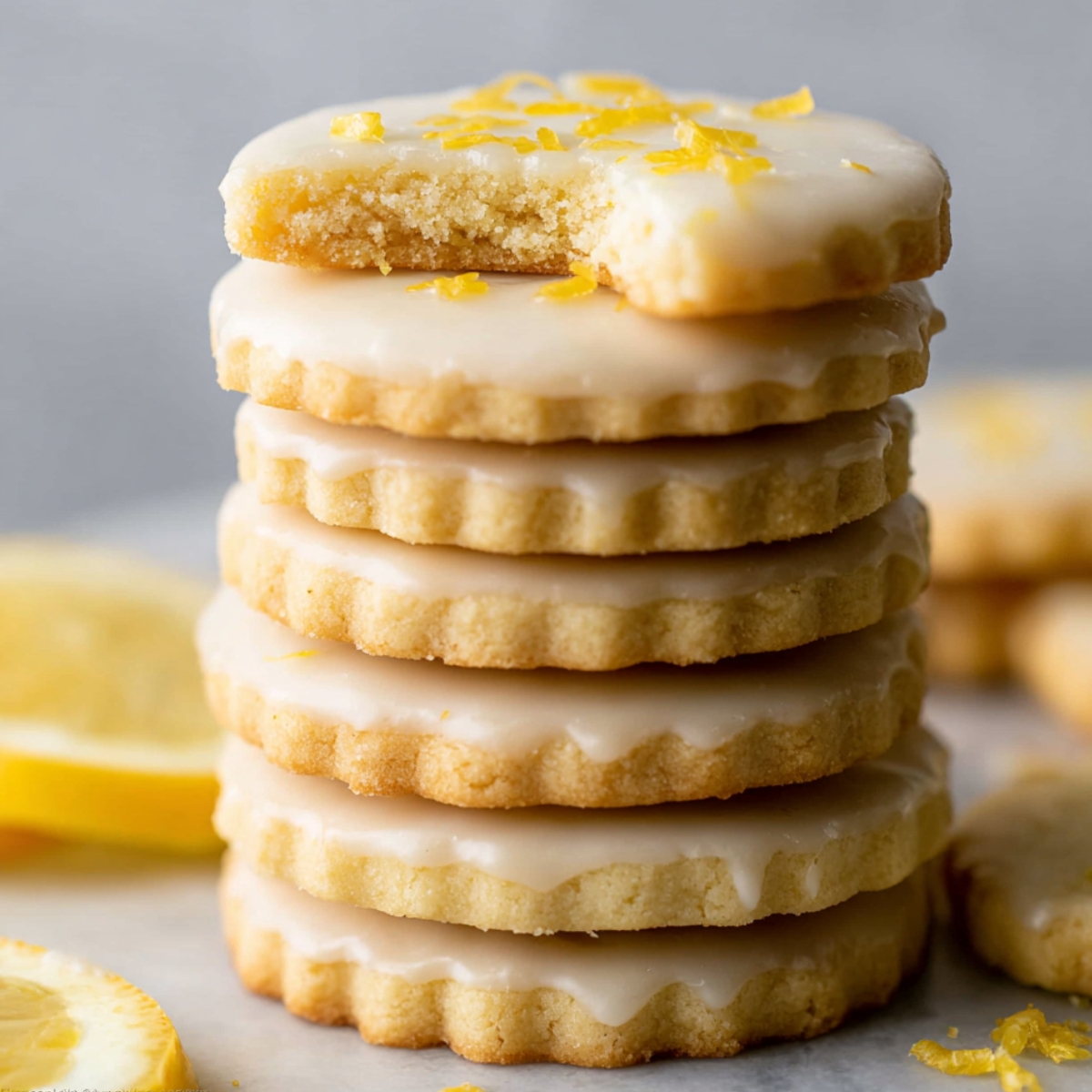 Easy Lemon Shortbread Cookies Recipe 9 A stack of beautifully glazed Lemon Shortbread Cookies, with a bite taken out of the top one, showing the soft, buttery interior.