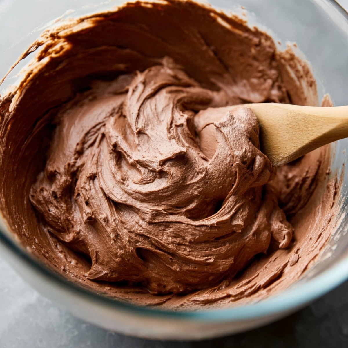 Dark Chocolate Mousse Cake Recipe 11 A creamy, whipped chocolate mousse in a glass bowl with a wooden spatula, showing a smooth, fluffy texture.
