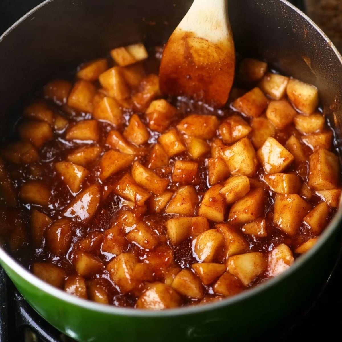 Apple Pie Baked Apples 10 Chunks of apples cooking in a pot with cinnamon, sugar, and syrup, creating a rich and flavorful apple pie filling.