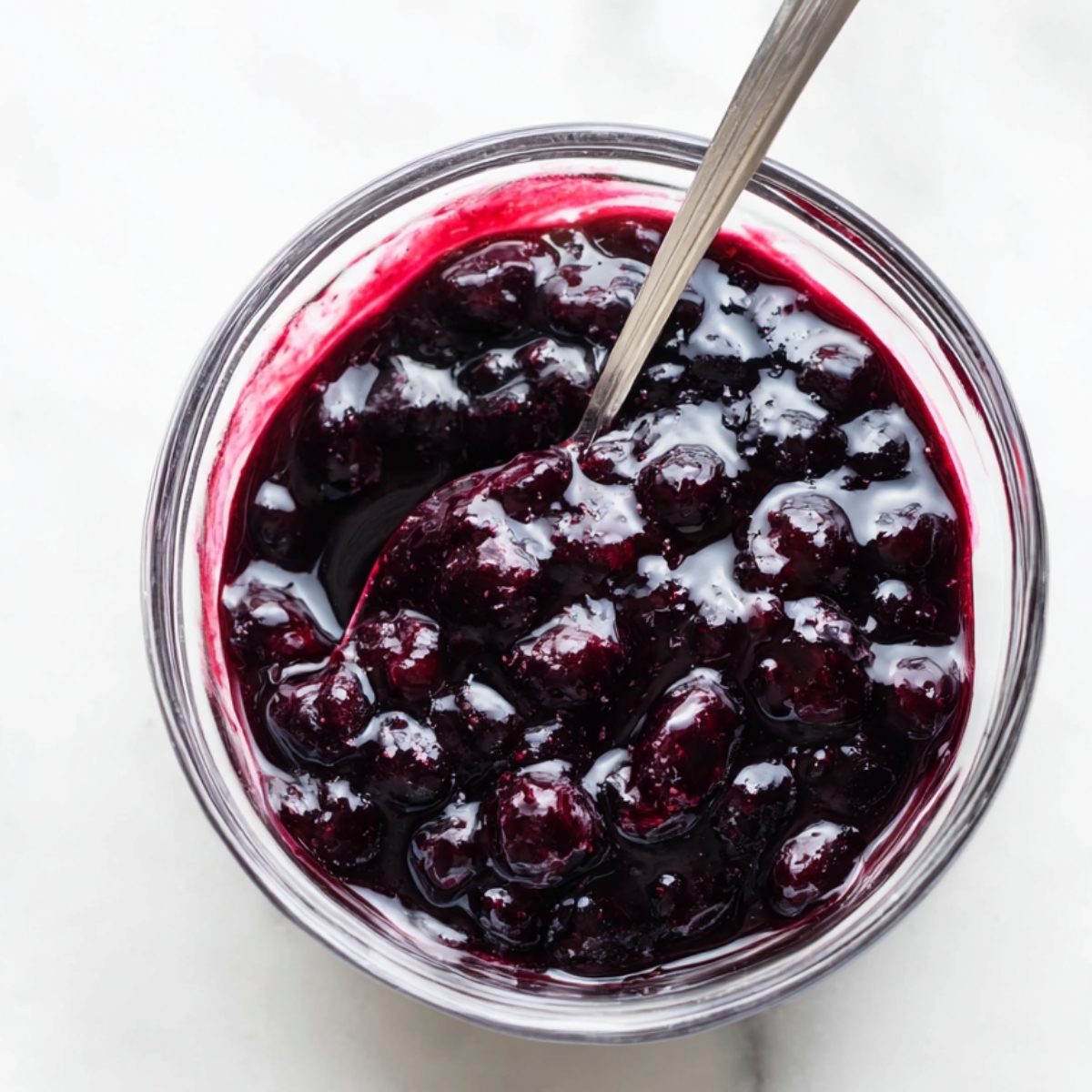 The Best Lemon Blueberry Tart Recipe 10 Homemade blueberry sauce in a glass bowl with spoon, thick and glossy with whole blueberries.