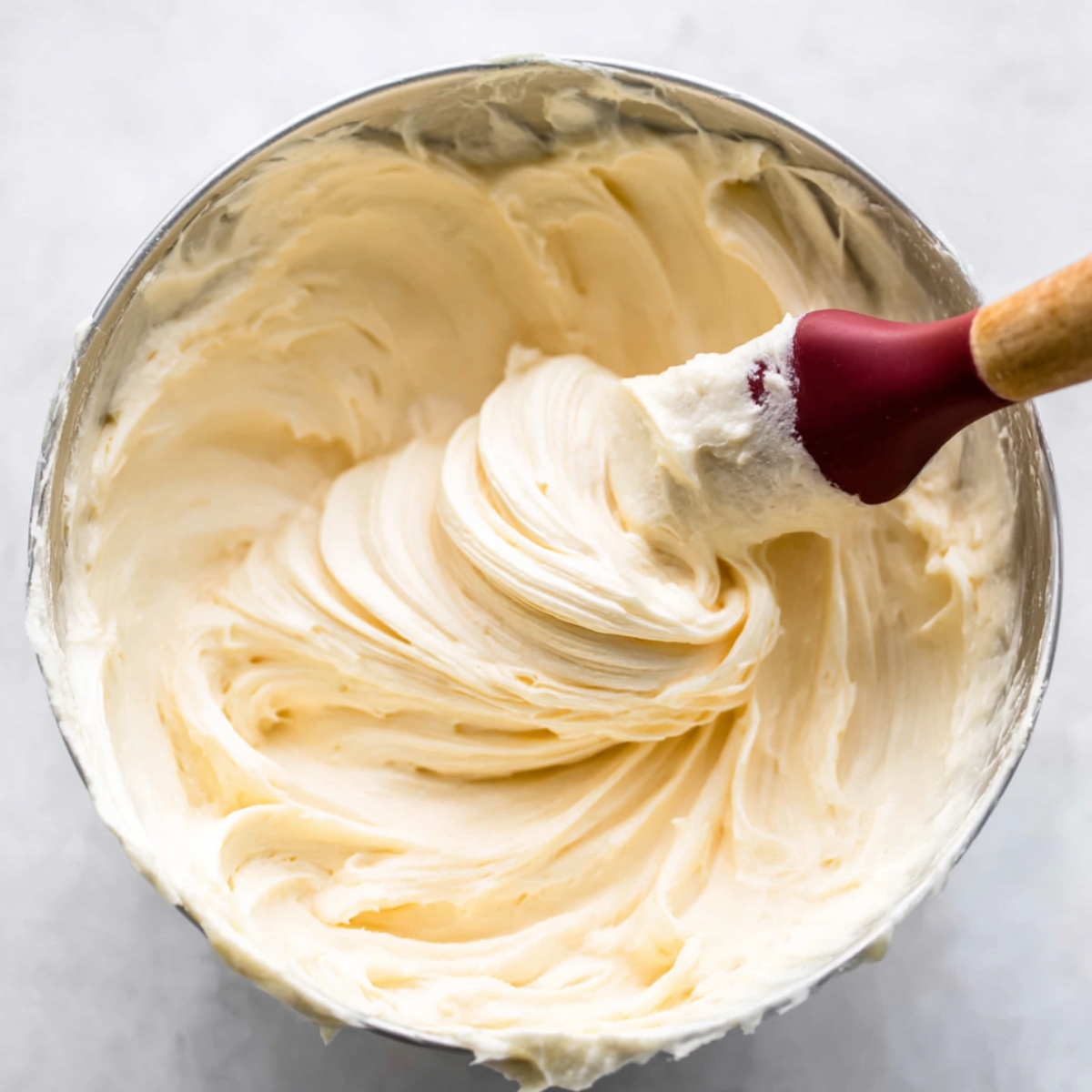 Perfect One Layer Sprinkle Cake Recipe 12 A smooth and creamy vanilla buttercream frosting being stirred with a spatula in a glass bowl.