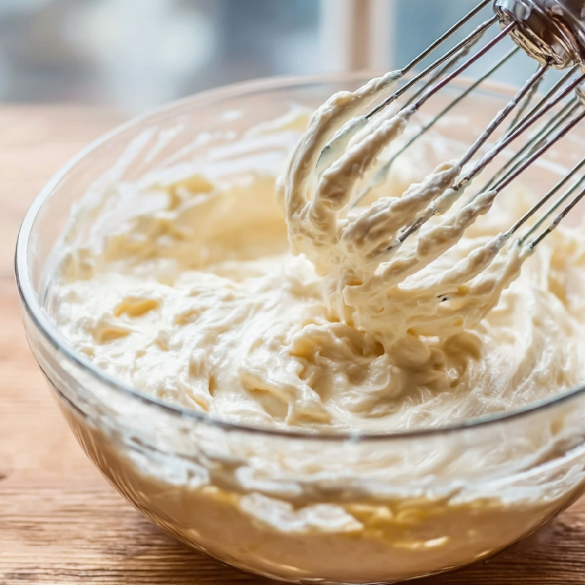 Coconut Cheesecake Brownies Recipe | Fudgy & Creamy 10 Smooth and creamy cheesecake mixture being whipped with a hand mixer in a clear glass bowl on a wooden surface, with thick and fluffy texture ready for baking