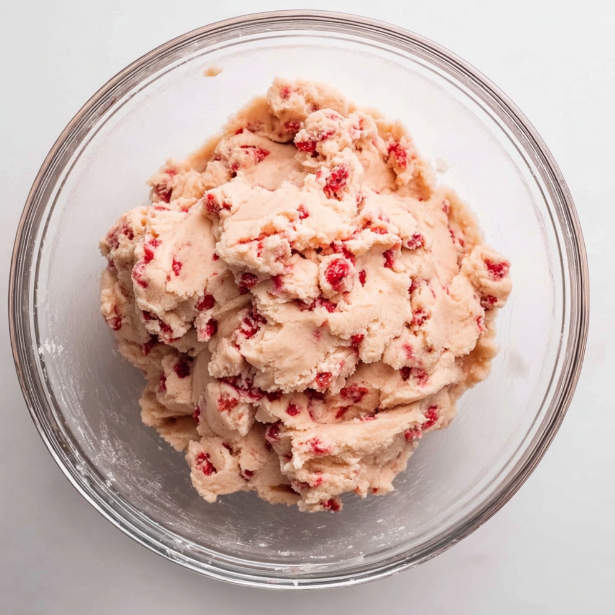 Spumoni Cookies (Cherry, Pistachio, Chocolate) 11 Bowl of cherry cookie dough with red cherry bits evenly mixed in.